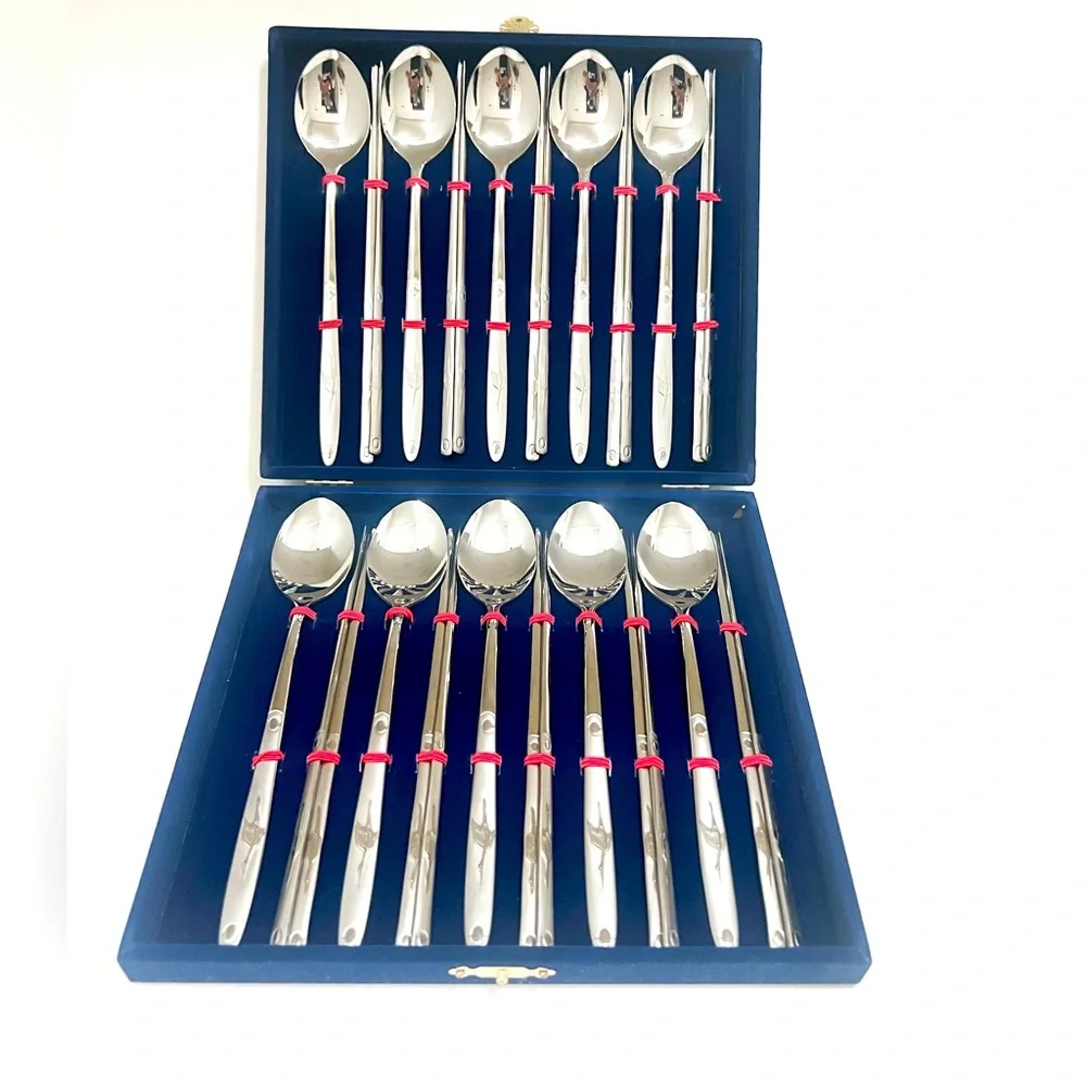 Vtg Stainless Steel Soup Spoons & Chopsticks Velvet Case Set of 10 Each